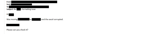 Screenshot of Omni's reply, reading: "Was moving [redacted] to [redacted] and the excel file corrupted."