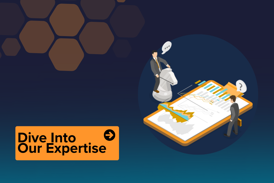 An image, with a call to action saying 'dive into our expertise'. There is a cartoon of two men near a clipboard with a chart.