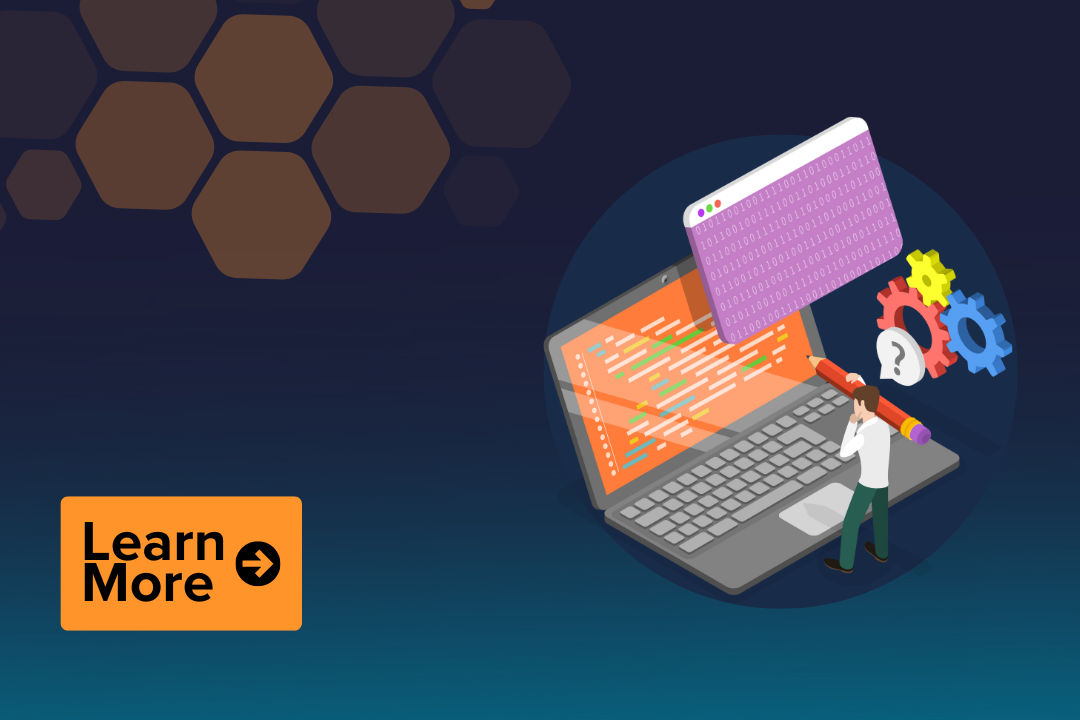 An image of a CTA saying 'Learn more' alongside a cartoon graphic of a man working on a laptop with a pencil