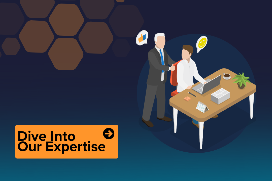 Two male illustrations. One sat at a desk. One stood up. Navy blue background. CTA: Dive into our expertise