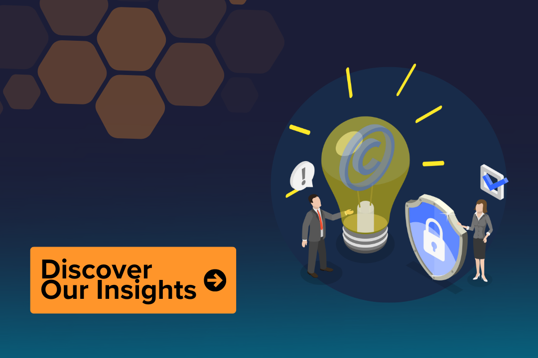An image, with a call to action saying 'discover our insights'. Next to the call to action there is two people standing next to a lightbulb and firewall shield.