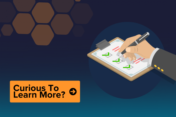 An image of a CTA saying 'Learn more' alongside a cartoon graphic of a hand filling out a form on a clip board.